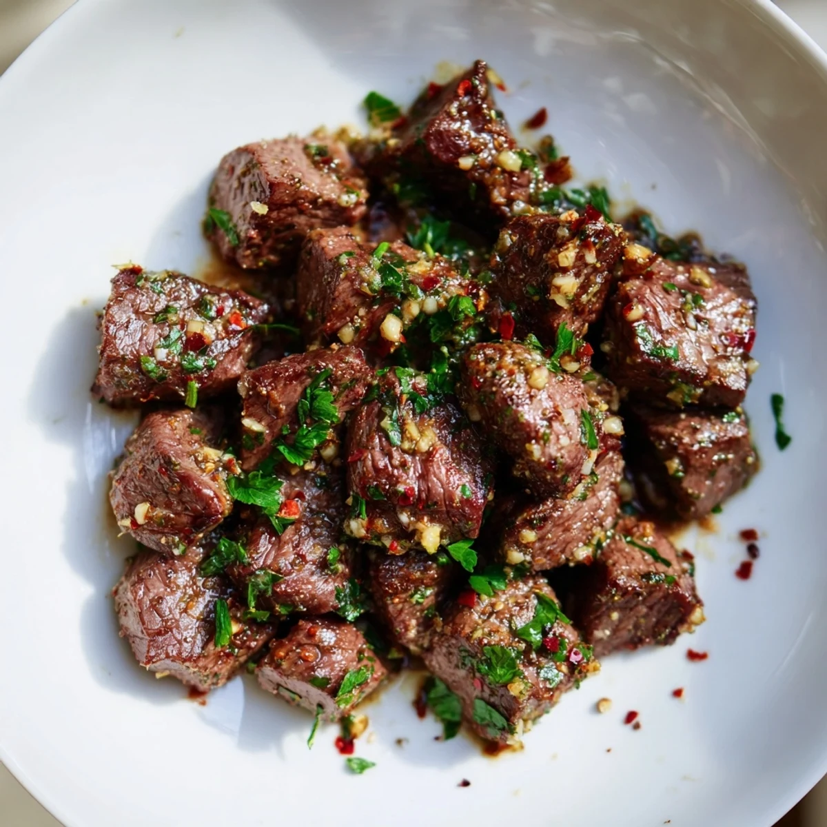 Golden-brown Garlic Butter Steak Cubes sizzling in a cast-iron skillet with melted butter and minced garlic.