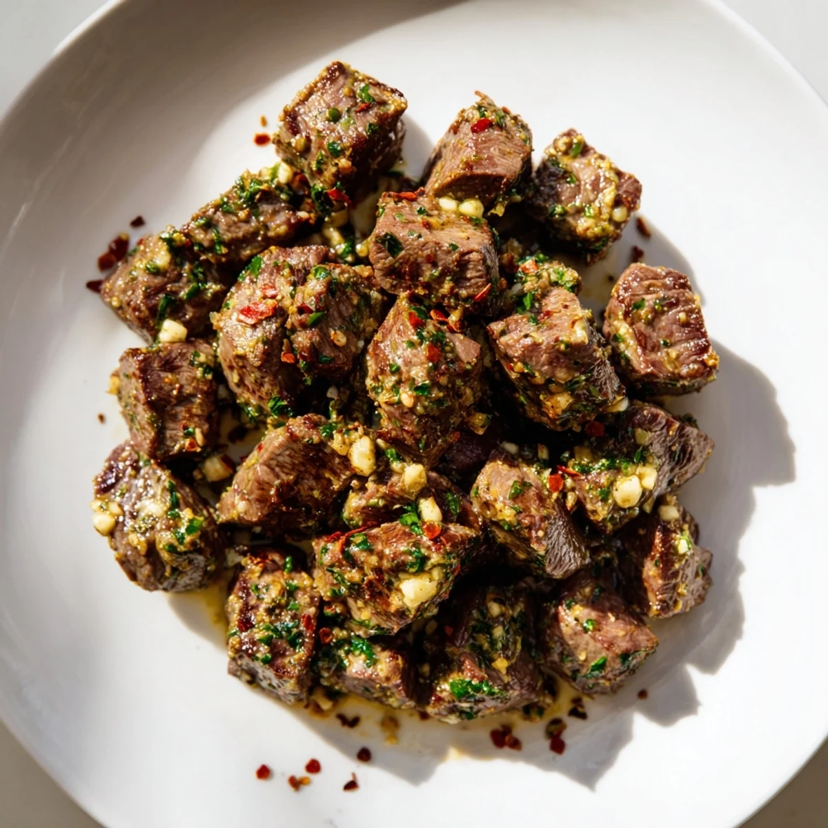Savory Garlic Butter Steak Cubes plated with crusty bread for dipping, perfect for a family-style dinner.