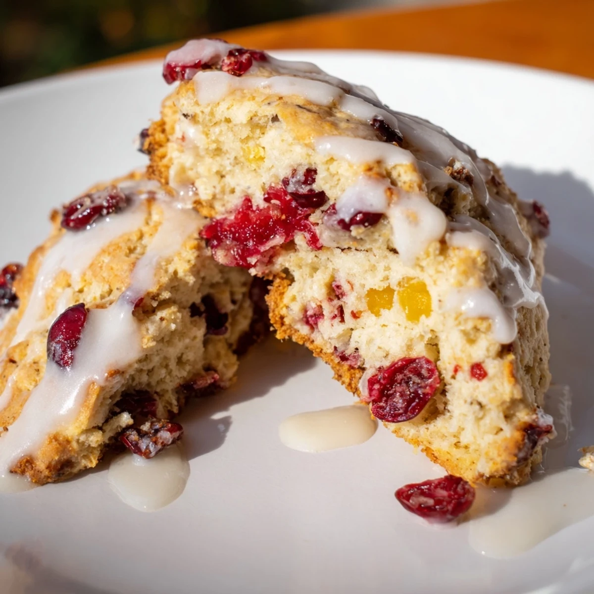 Freshly baked Cranberry and Orange Scones cool on a wire rack, featuring golden edges and a sweet orange glaze drizzle.