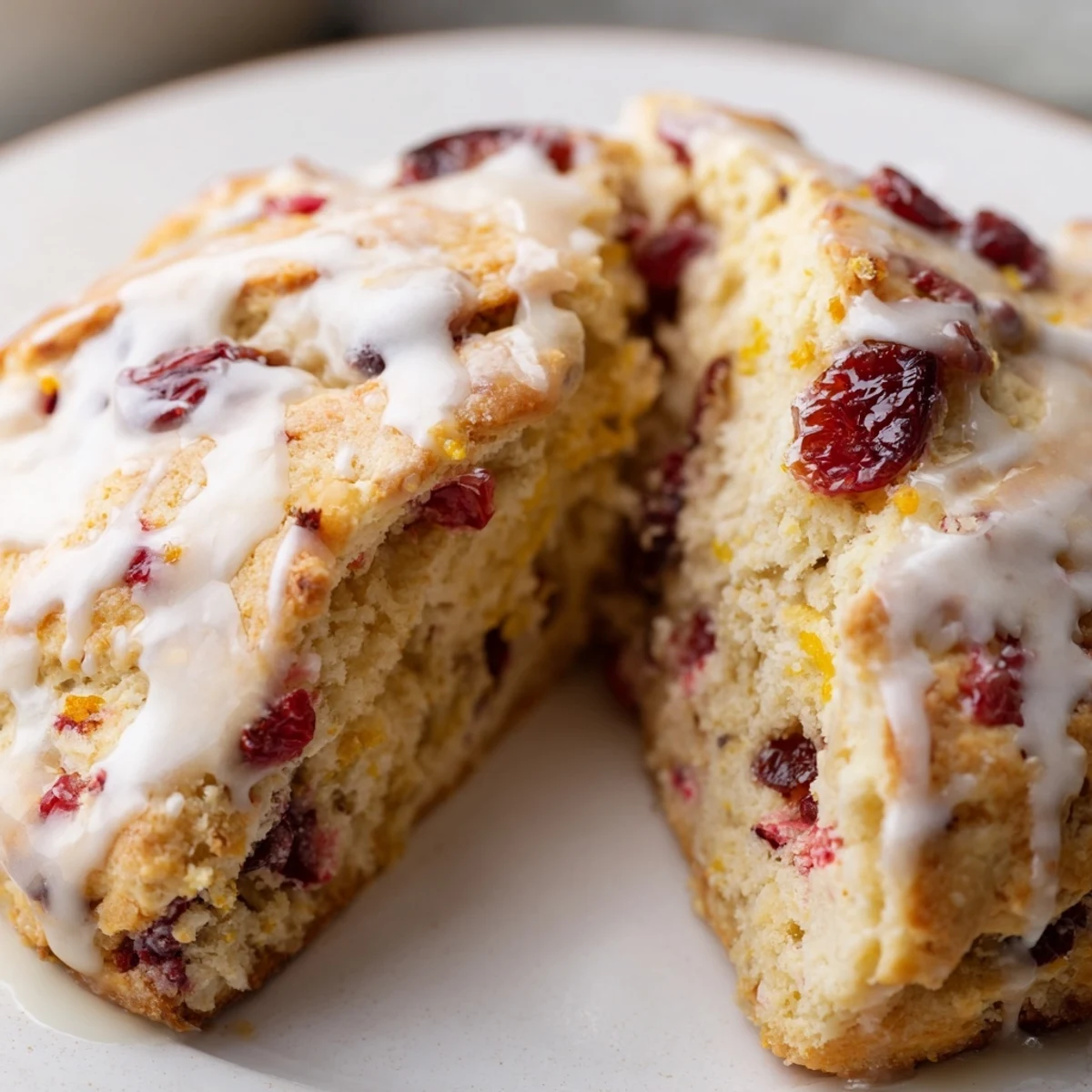 Close-up of Cranberry and Orange Scones on a linen napkin, showing juicy cranberry bits and orange zest flecks inside.