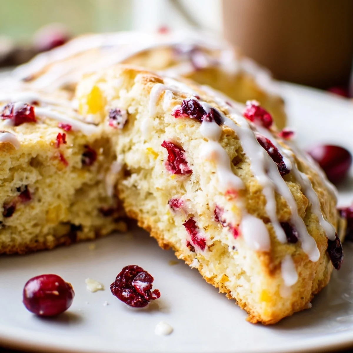 Warm Cranberry and Orange Scones served on a plate with a cup of tea, ready for an afternoon treat.