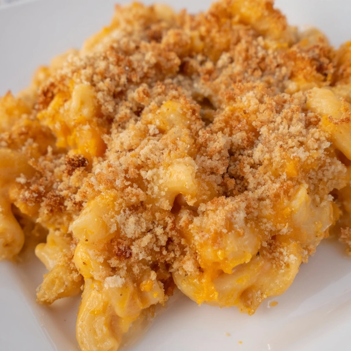 Creamy Butternut Squash Macaroni Cheese served in a white baking dish with a spoon.