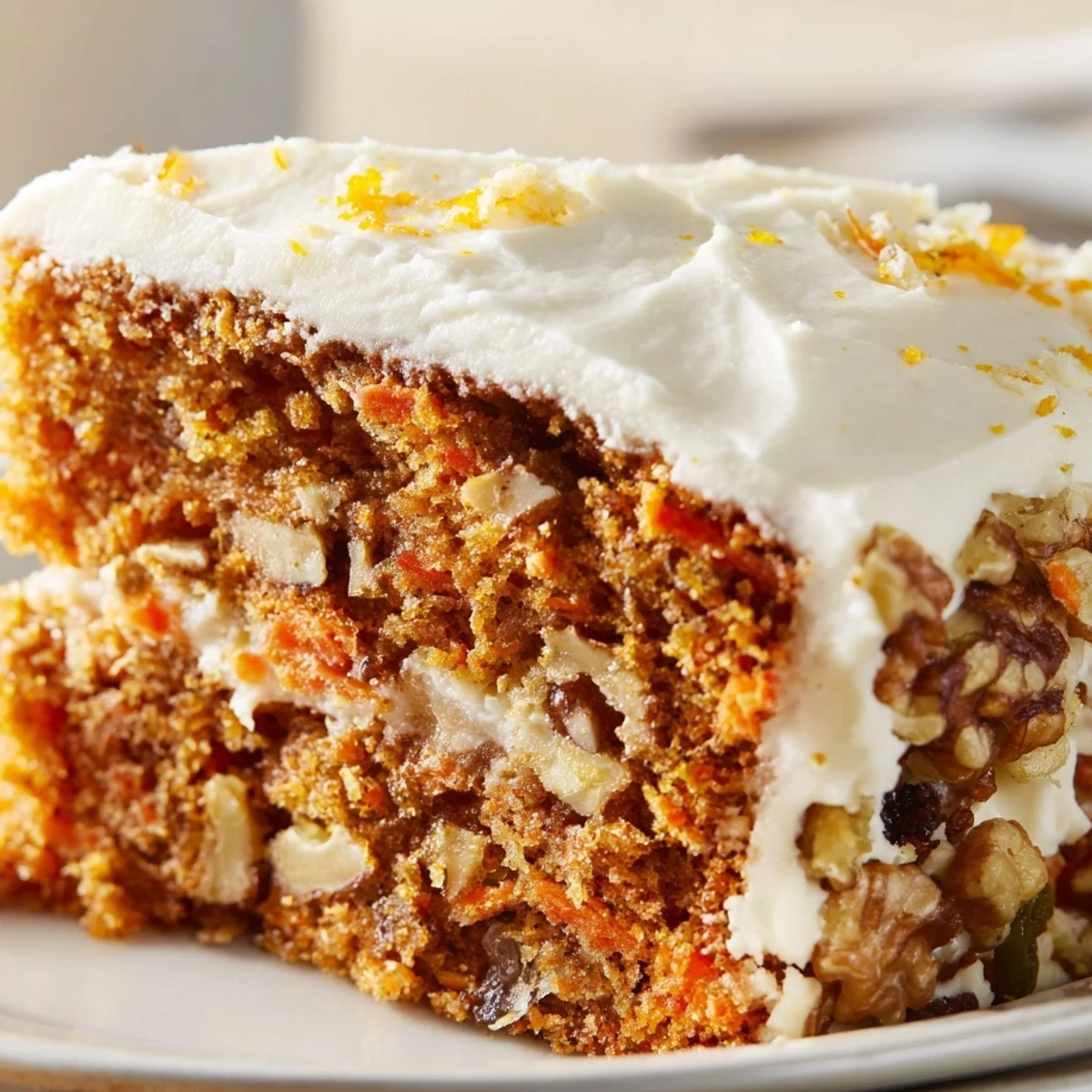 A close-up slice of Spiced Carrot Cake with Orange Frosting reveals fluffy layers and glossy citrus icing on a dessert plate.