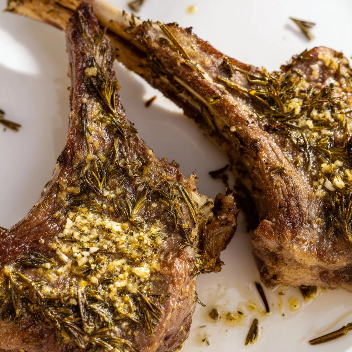 Herb roasted lamb chops plated beside a crisp green salad and roasted vegetables, perfect for a gluten-free main course.