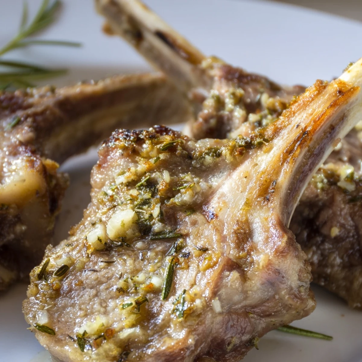 Freshly roasted lamb chops with rosemary and thyme, resting on a platter with lemon wedges and fresh herbs for garnish.