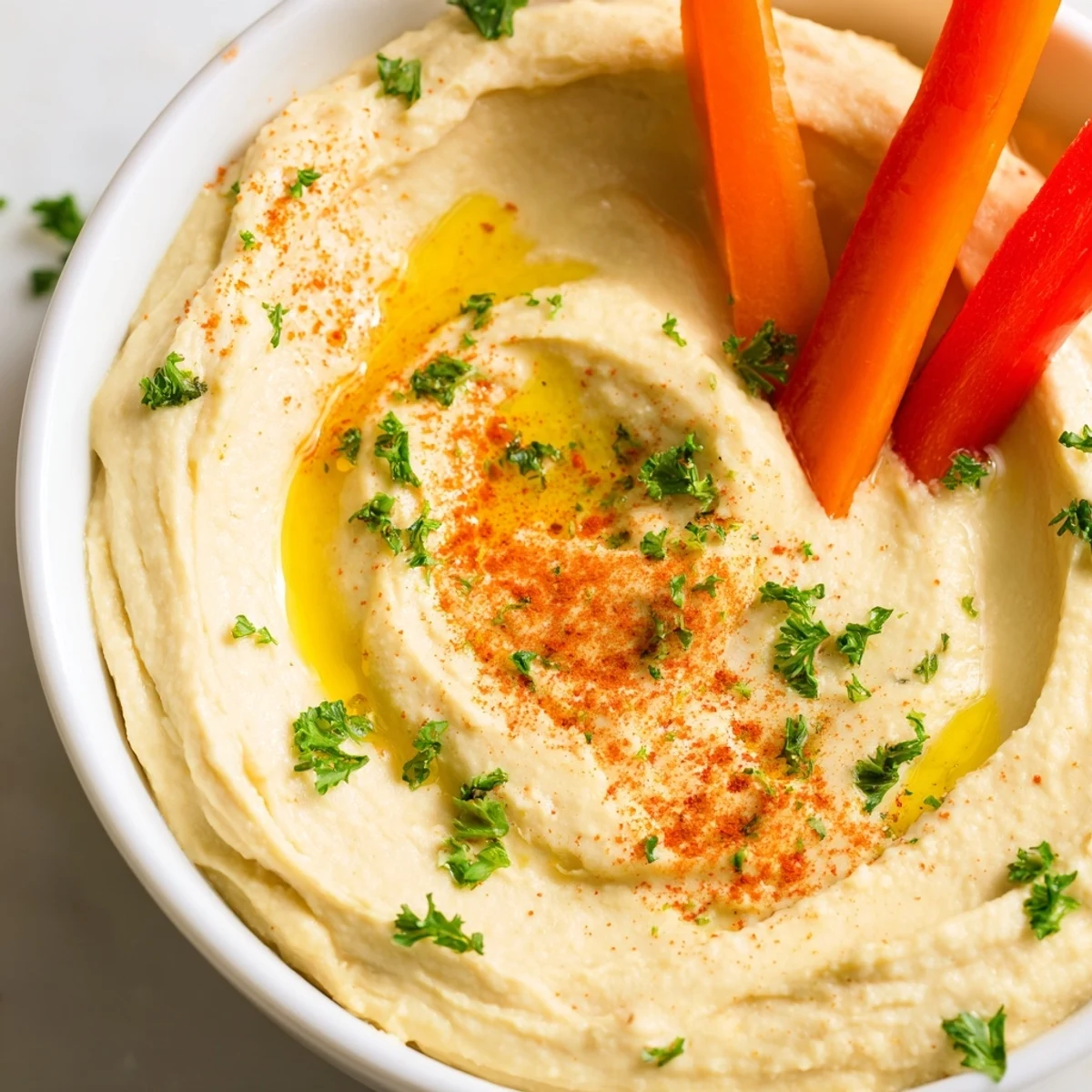 Classic Hummus with Vegetable Sticks dips fresh carrots and crunchy peppers in a creamy chickpea spread.