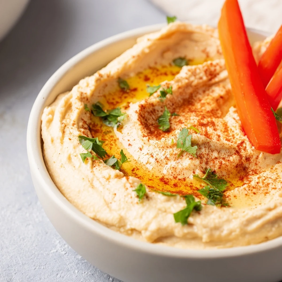 A drizzle of golden olive oil tops the smooth Classic Hummus with Vegetable Sticks for serving.