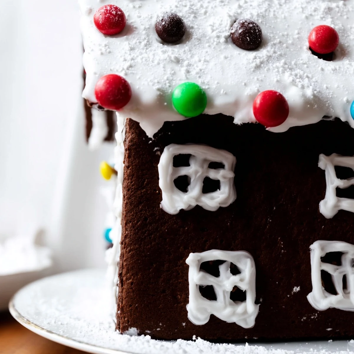A close-up of a Gingerbread Village with Houses showcasing intricate royal icing details and snowy coconut rooftops.