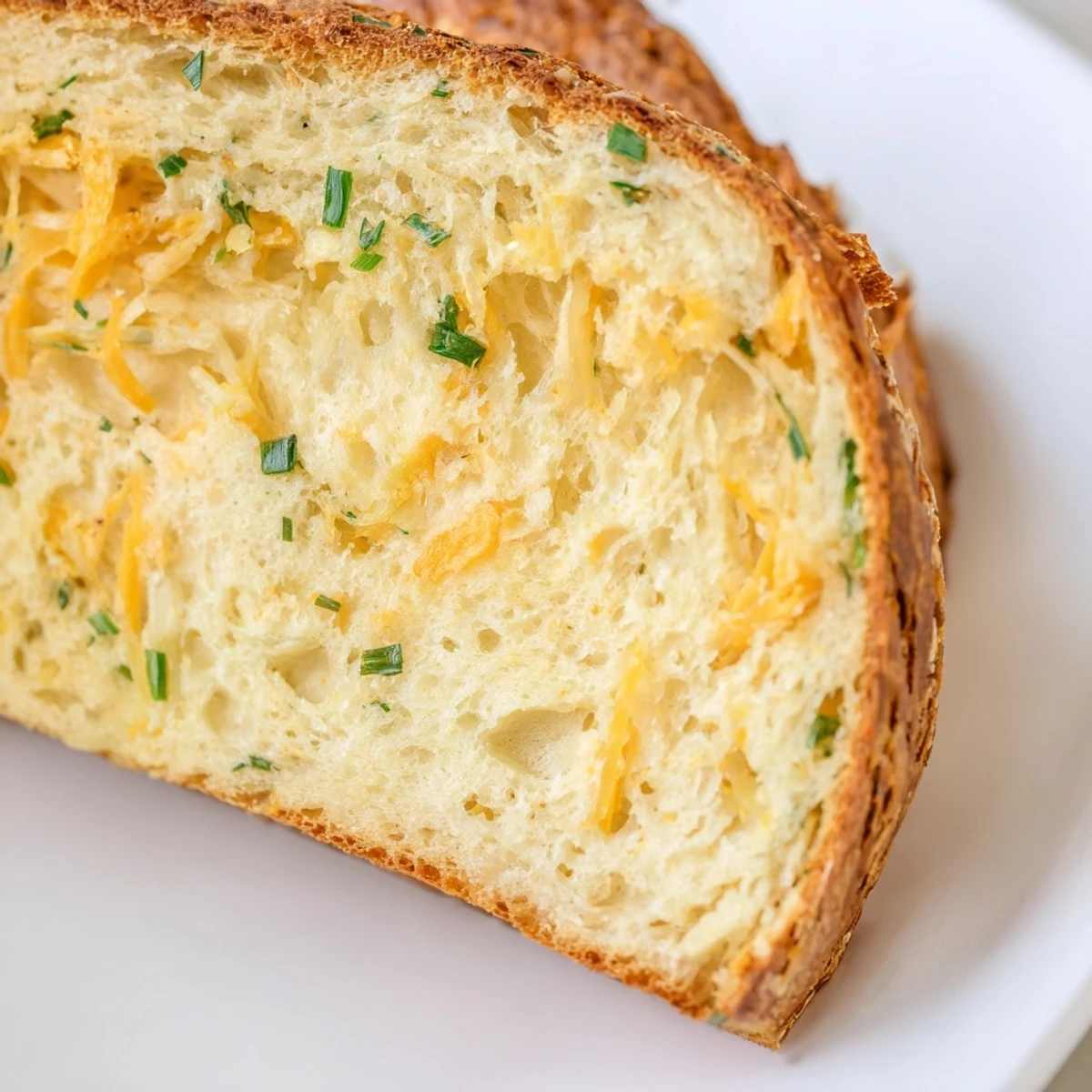 A freshly baked savory bread with cheese, featuring a golden crust and gooey melted cheddar inside, garnished with fresh chives.  