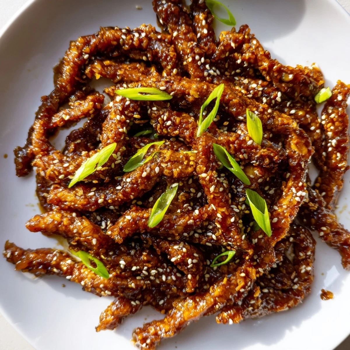 Golden-brown strips of Crispy Beef with Sauce tossed in a sticky, tangy glaze, garnished with green onions and sesame seeds.