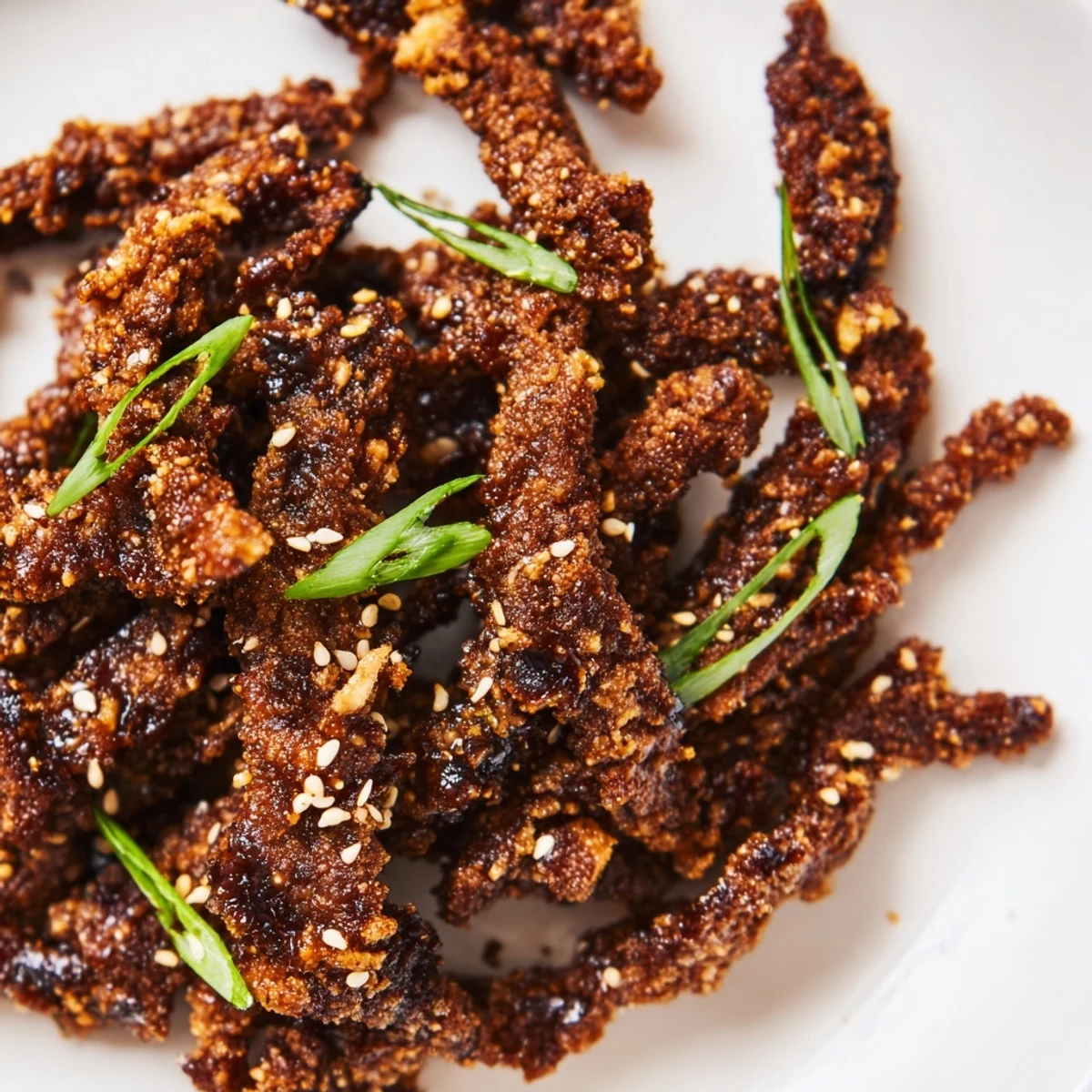 Heaping serving of Crispy Beef with Sauce alongside fluffy white rice, ready to enjoy for dinner.