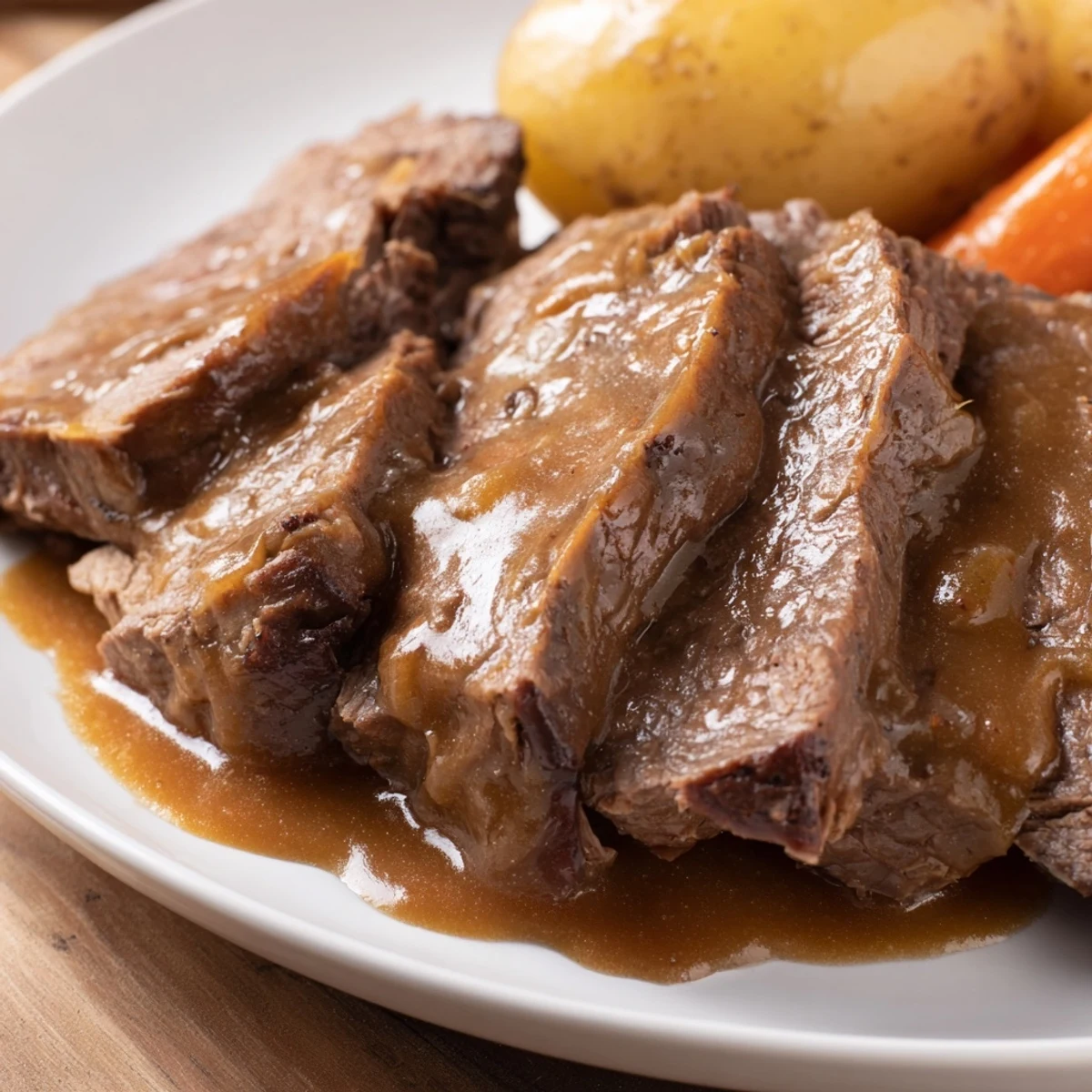 A plated serving of Slow Cooker Pot Roast with Gravy drizzled over shredded beef and roasted carrots.