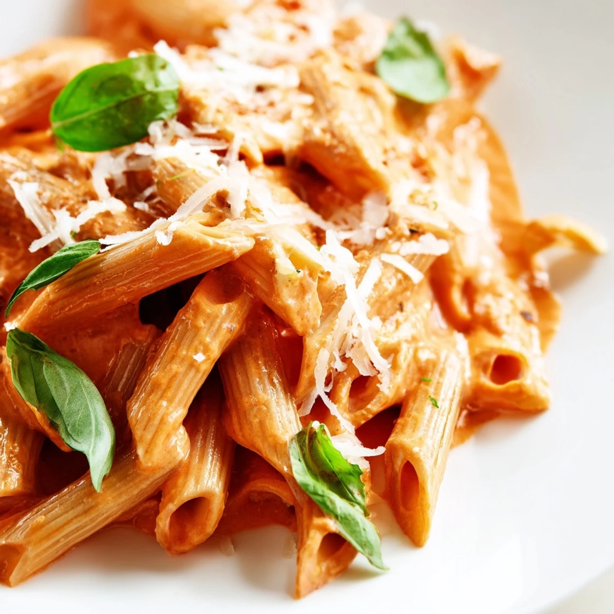 Freshly tossed Creamy Tomato Pasta with Fresh Basil in a rustic skillet, garnished with extra Parmesan cheese.