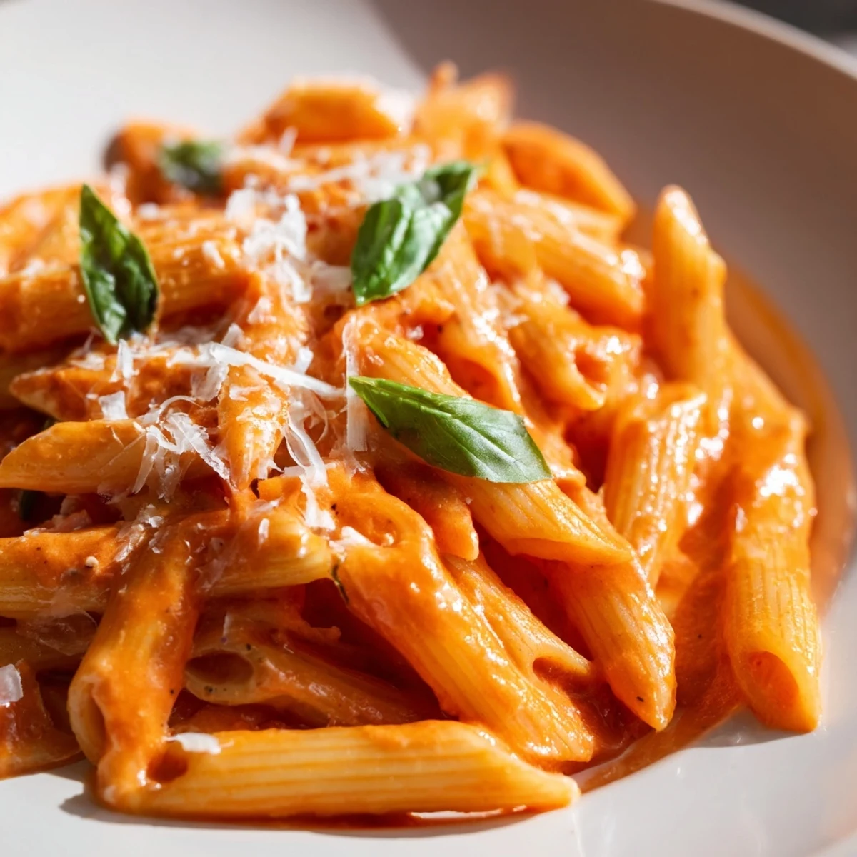 Steaming bowl of Creamy Tomato Pasta with Fresh Basil beside a glass of white wine for a perfect pairing. 