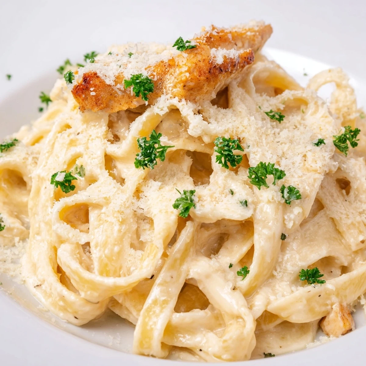 A skillet of Creamy Alfredo Pasta with Chicken topped with extra Parmesan, paired with a glass of white wine.