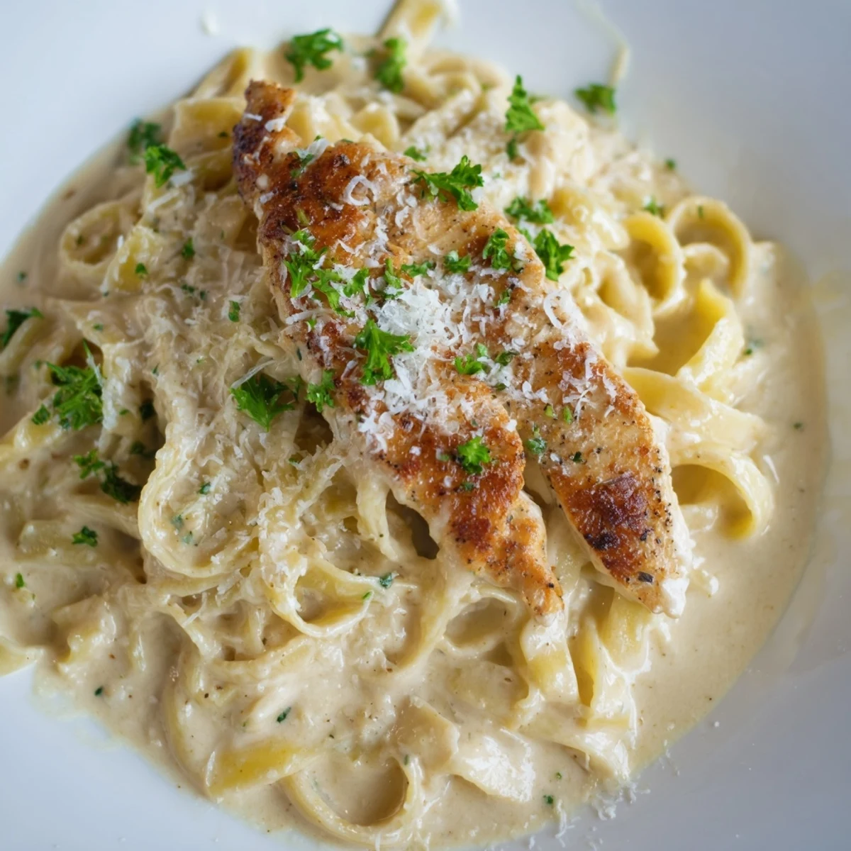 Plated Creamy Alfredo Pasta with Chicken showing tender golden chicken strips tossed in a rich Parmesan cream sauce.