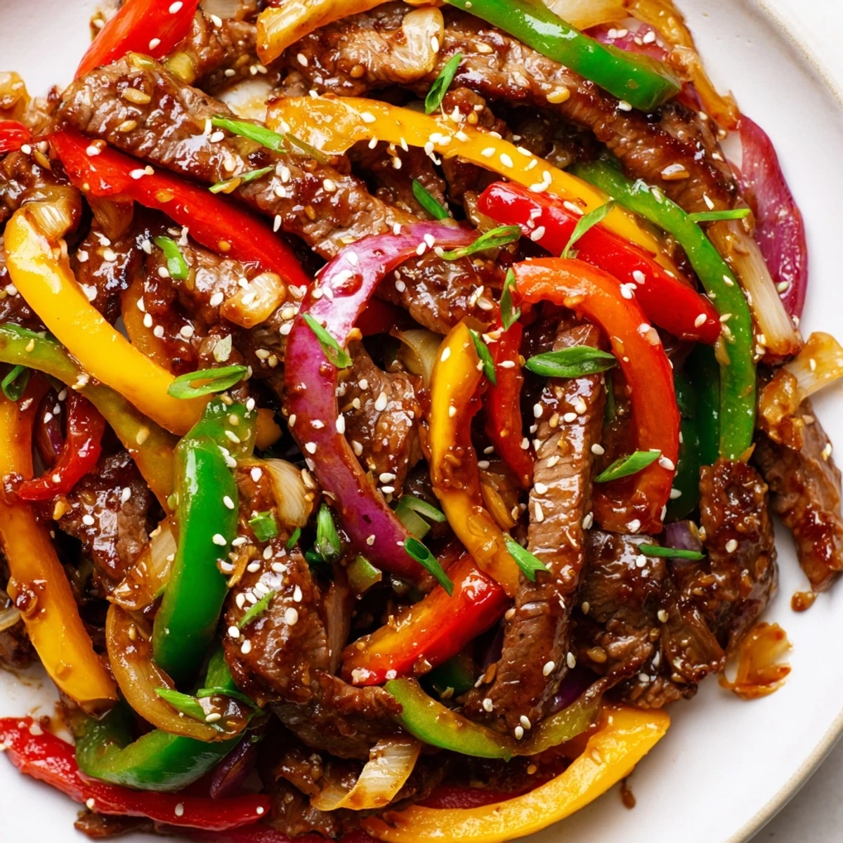A close-up of Spicy Beef and Pepper Stir Fry highlights glossy sauce coating colorful peppers and juicy beef slices.
