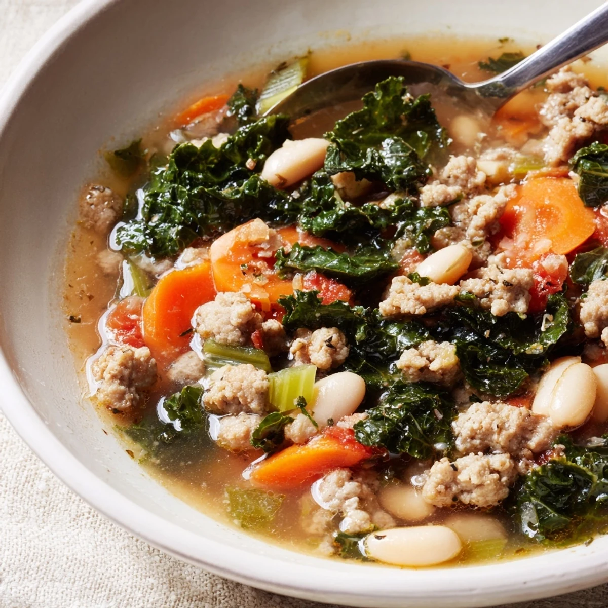Steaming bowl of Turkey Sausage and Kale Soup served with rustic bread for dipping.
