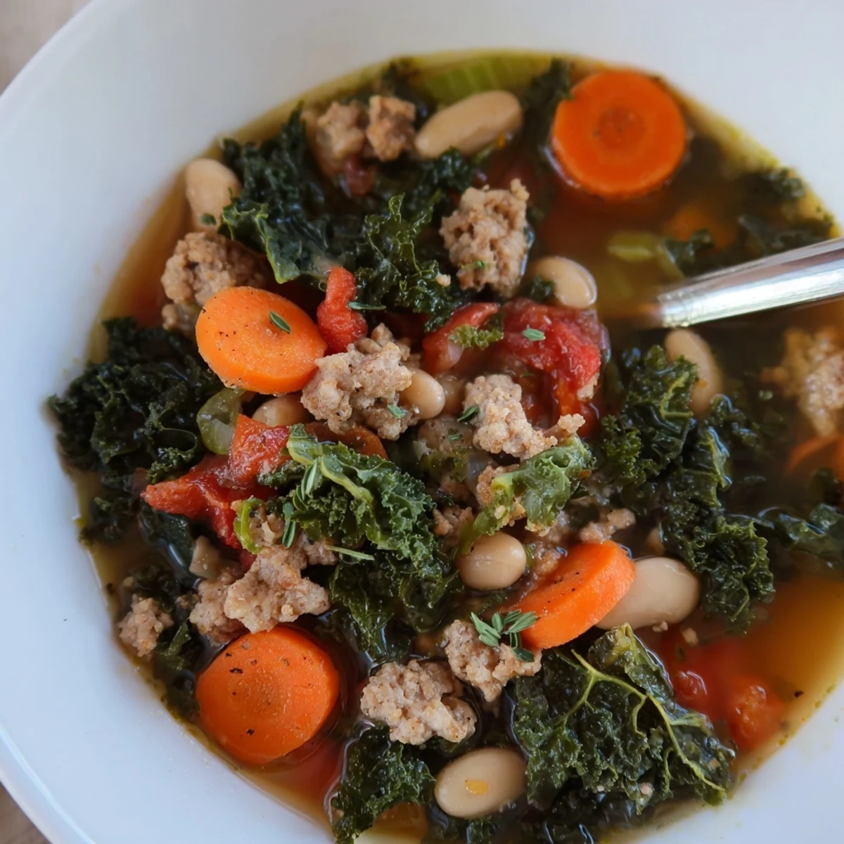 Homemade Turkey Sausage and Kale Soup in a white bowl, garnished with fresh herbs.
