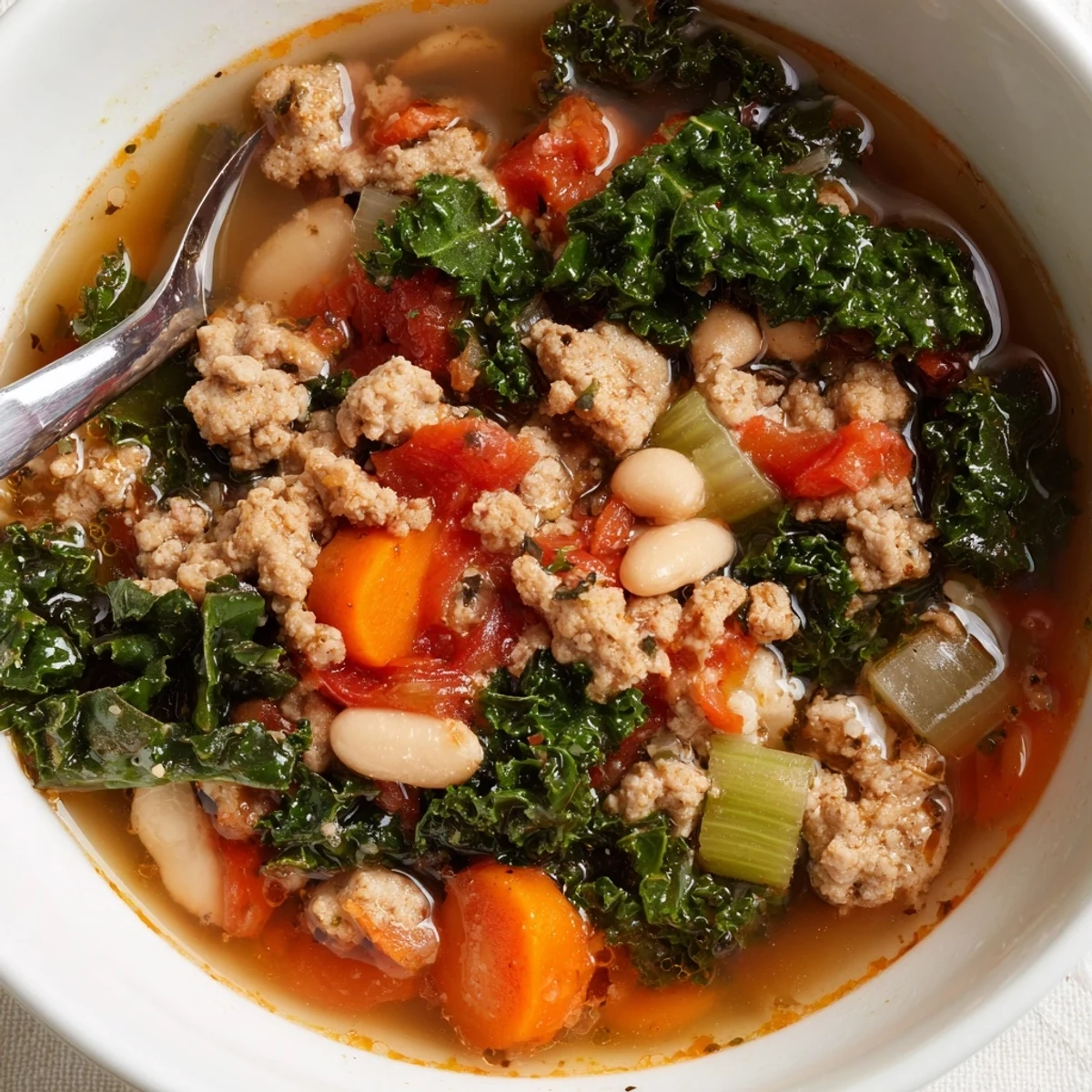 Turkey Sausage and Kale Soup simmering in a pot with vibrant kale and diced tomatoes.
