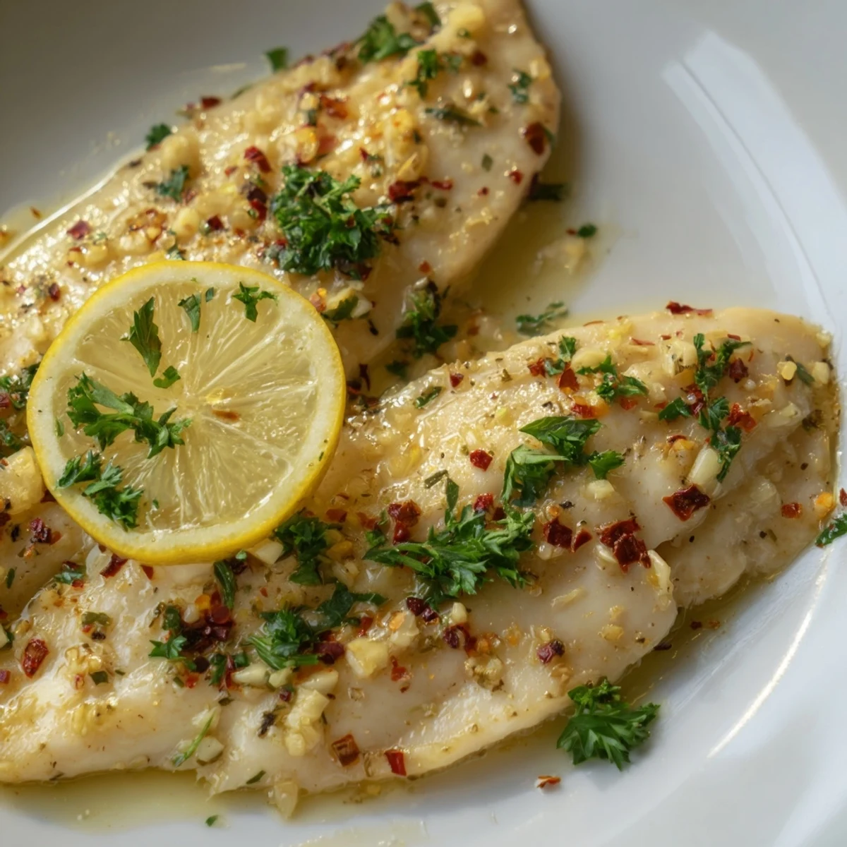 Tender fillets of Baked Tilapia with Lemon Garlic Butter flake easily, glistening with buttery lemon sauce and specks of garlic and herbs.
