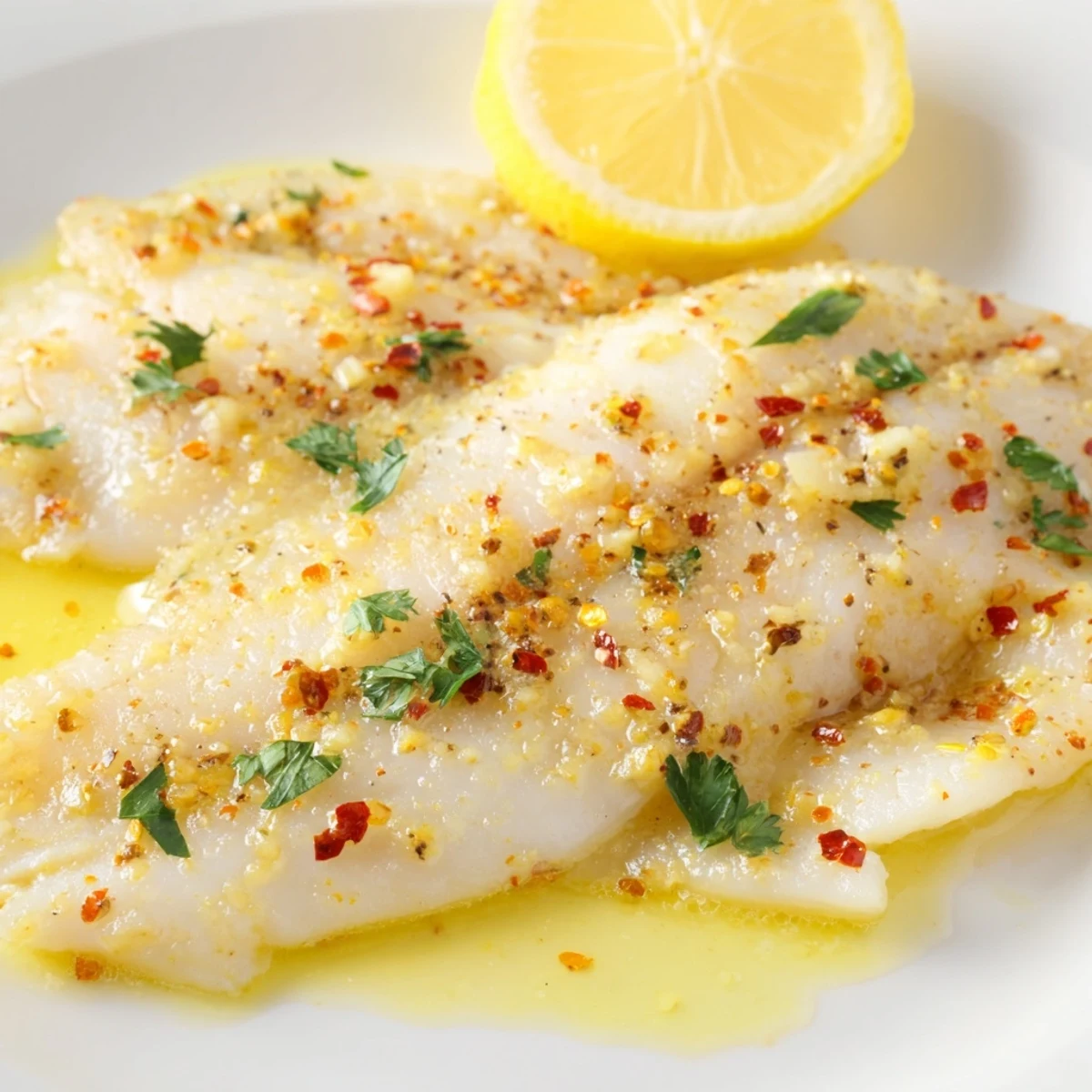 Golden-brown Baked Tilapia with Lemon Garlic Butter is garnished with fresh parsley and lemon slices on a white plate, ready to serve.