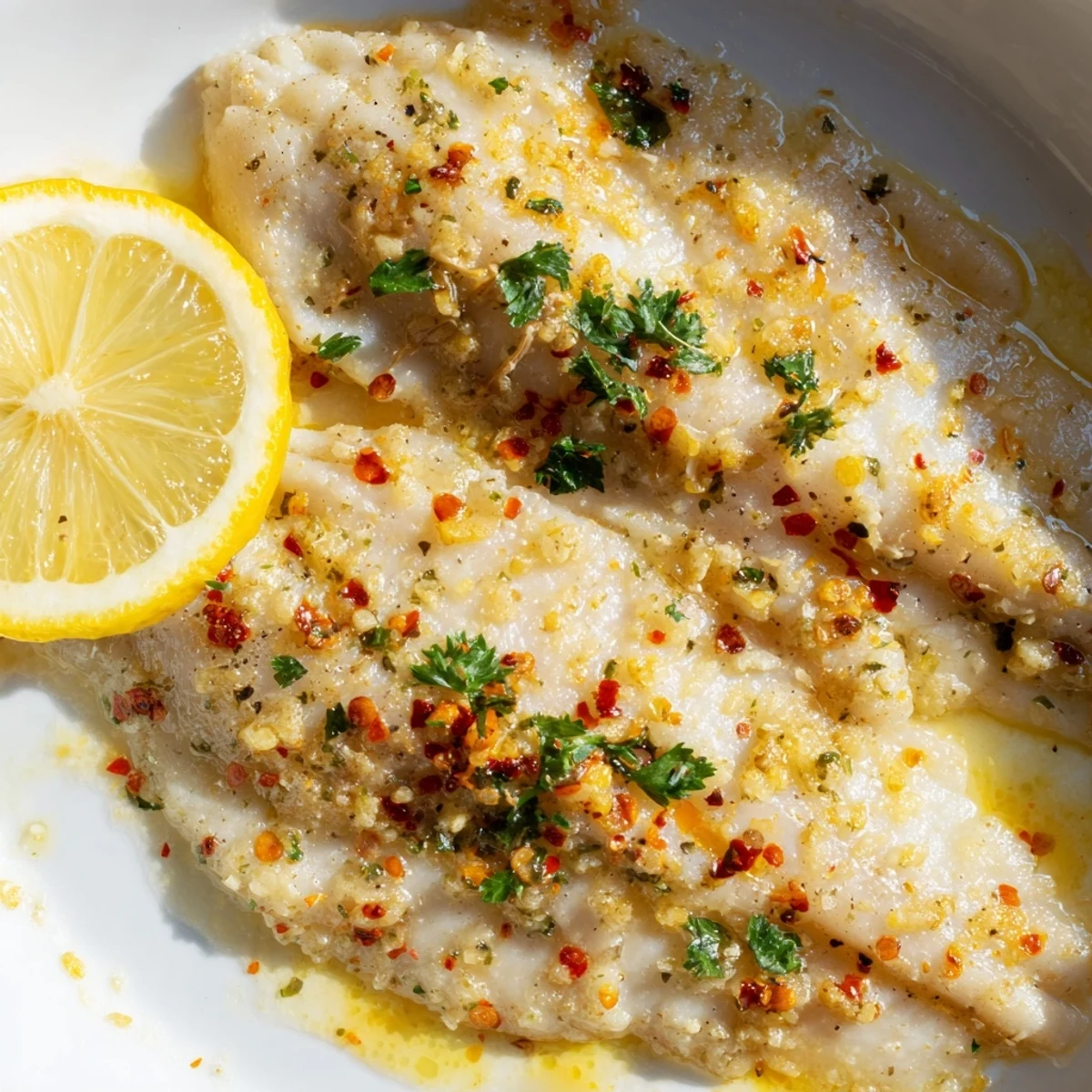 A serving of Baked Tilapia with Lemon Garlic Butter rests on a bed of rice and green beans, drizzled with pan sauce.