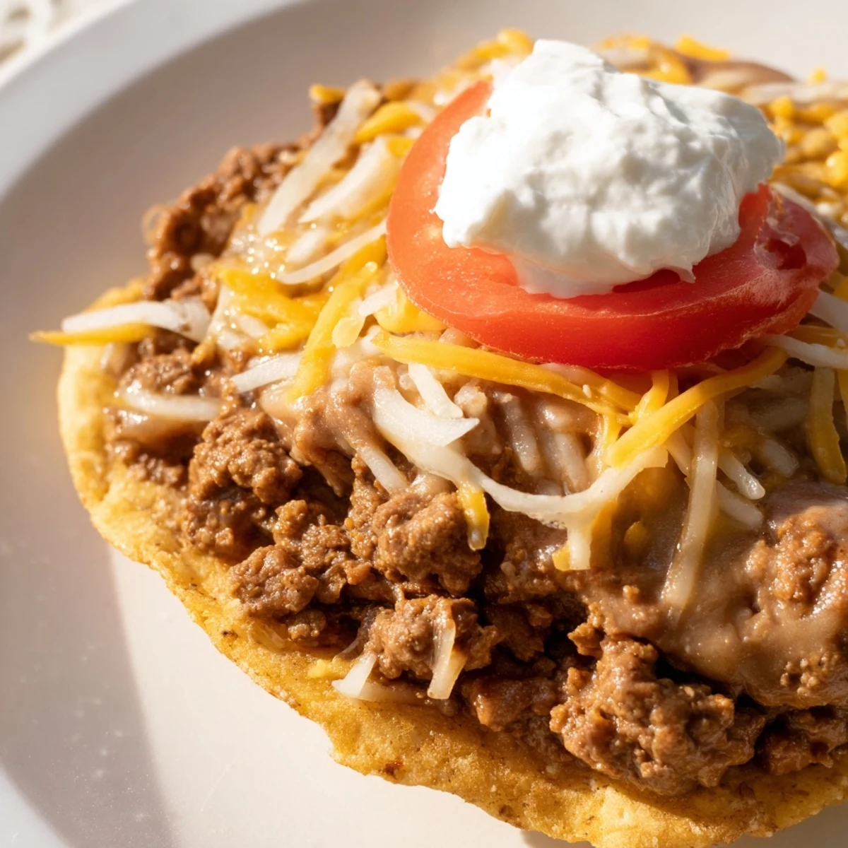 Crispy tostada shells are loaded with seasoned beef, creamy refried beans, and shredded cheese.