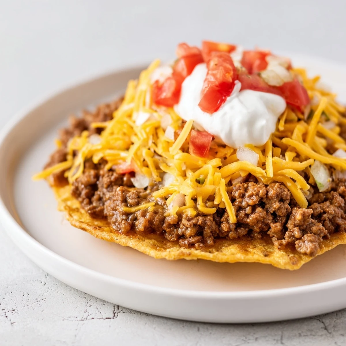 A vibrant platter of Beef Tostadas features fresh lettuce, diced tomatoes, and jalapeños.