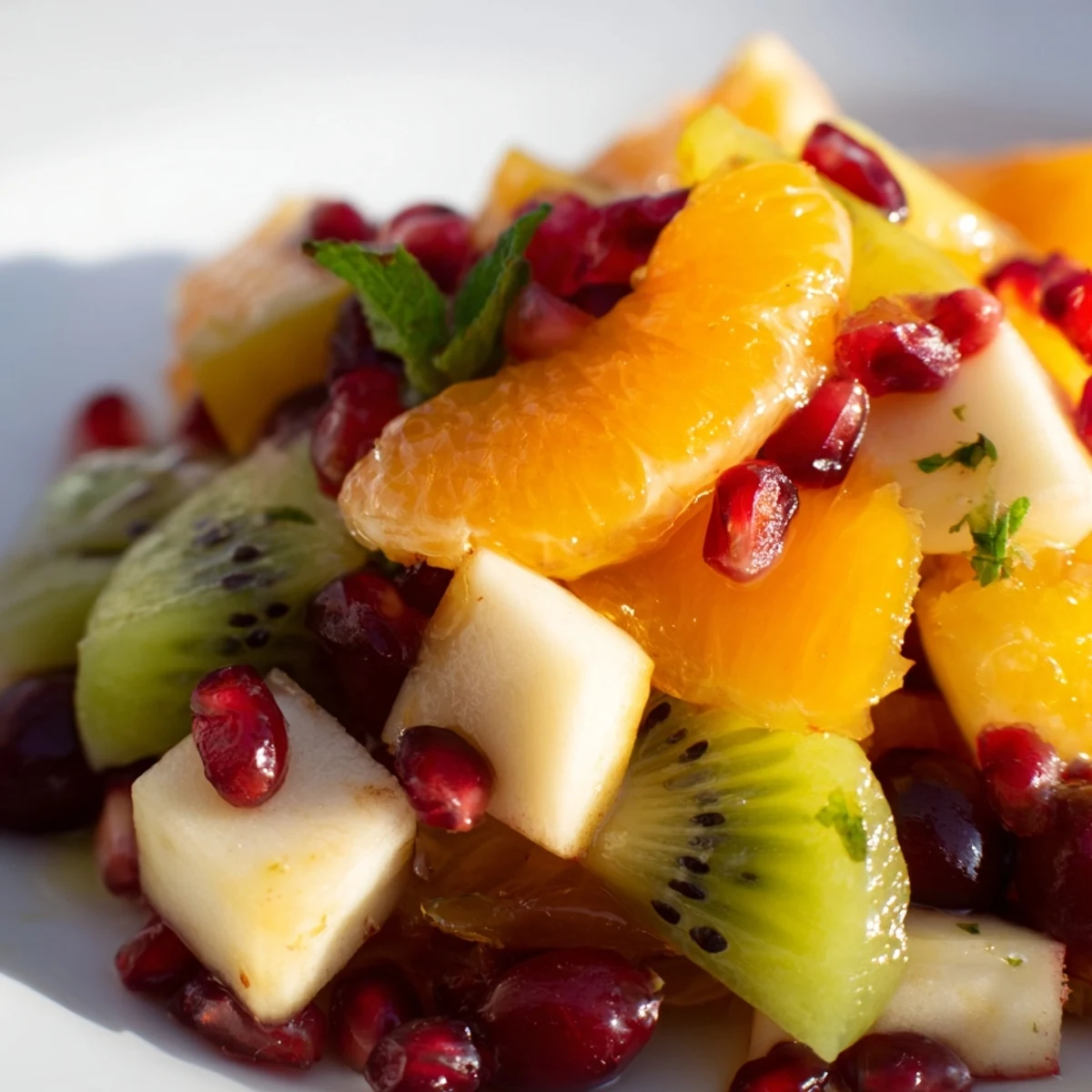 A close-up of Winter Fruit Salad with Honey Lime Dressing featuring juicy oranges, apples, pears, and glistening pomegranate arils, perfect for brunch.