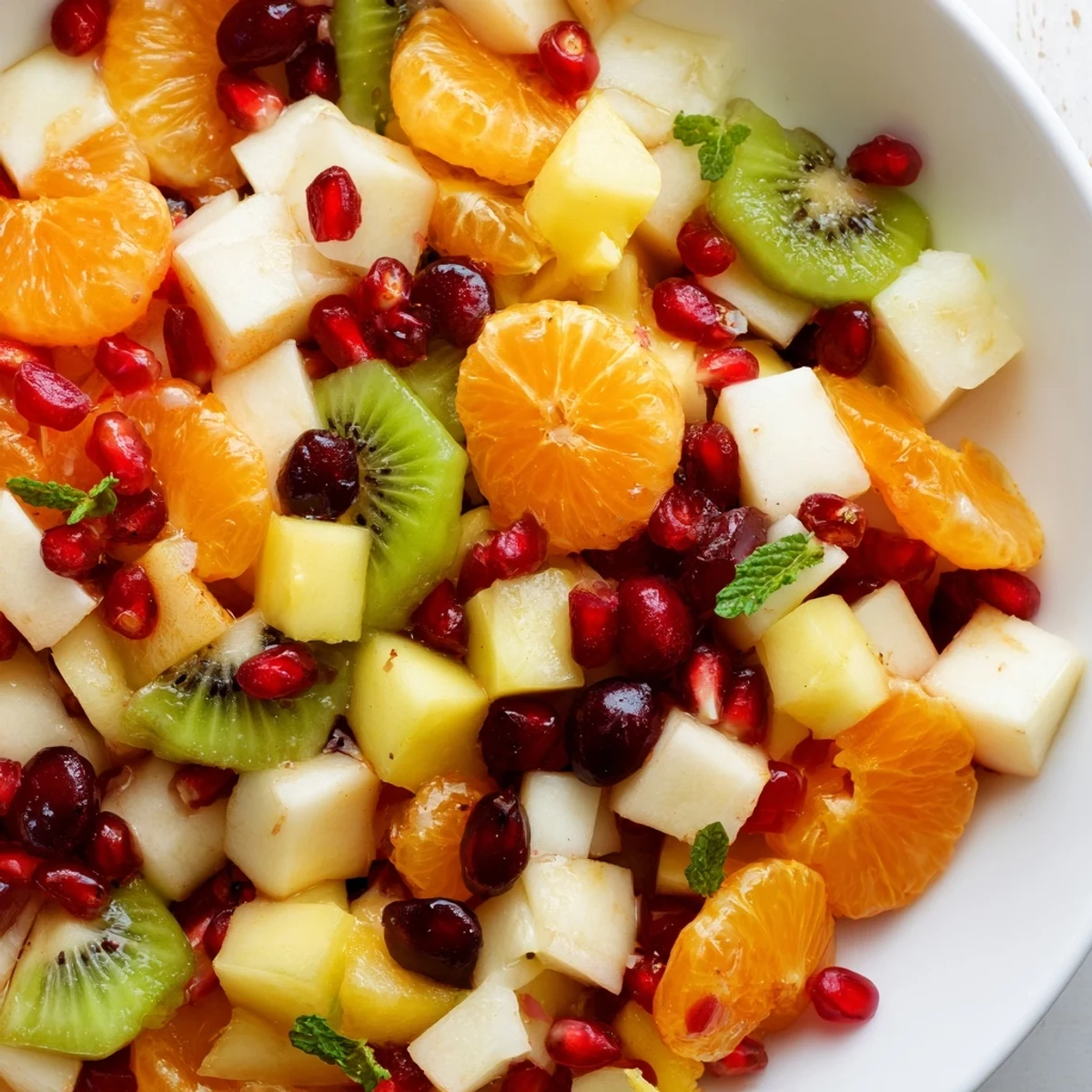 Fresh Winter Fruit Salad with Honey Lime Dressing served chilled in a glass bowl with mint garnish, a vibrant and refreshing winter side dish.
