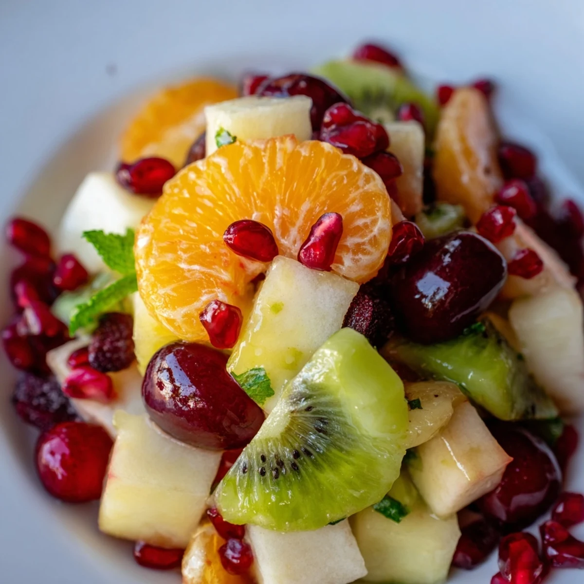 Brightly colored bowl of Winter Fruit Salad with Honey Lime Dressing, topped with sliced kiwi and grapes, ready to serve for a light dessert.