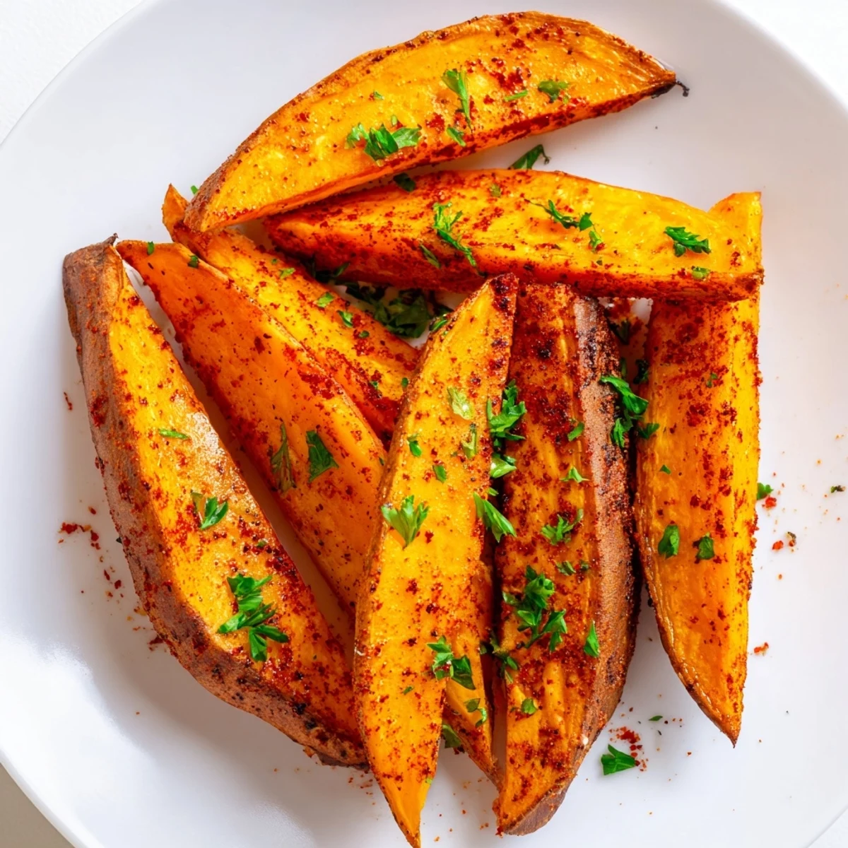 Golden, crispy Roasted Sweet Potato Wedges with Paprika fanned on a plate with lemon wedges and fresh parsley.