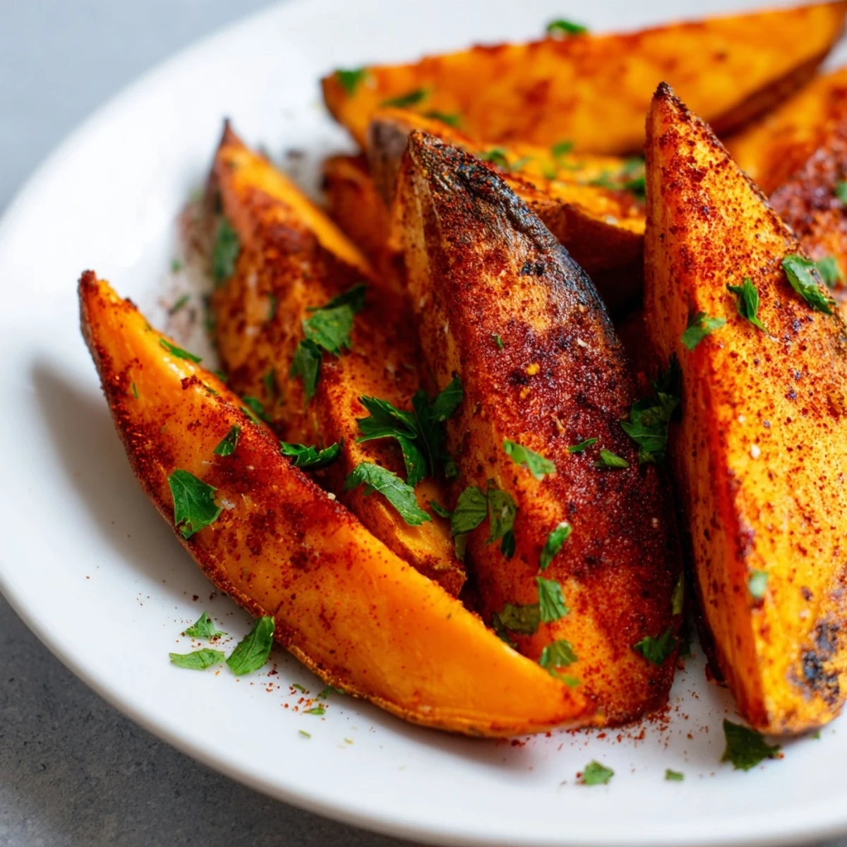 A close-up of Roasted Sweet Potato Wedges with Paprika revealing tender orange interiors and smoky, crisp edges.