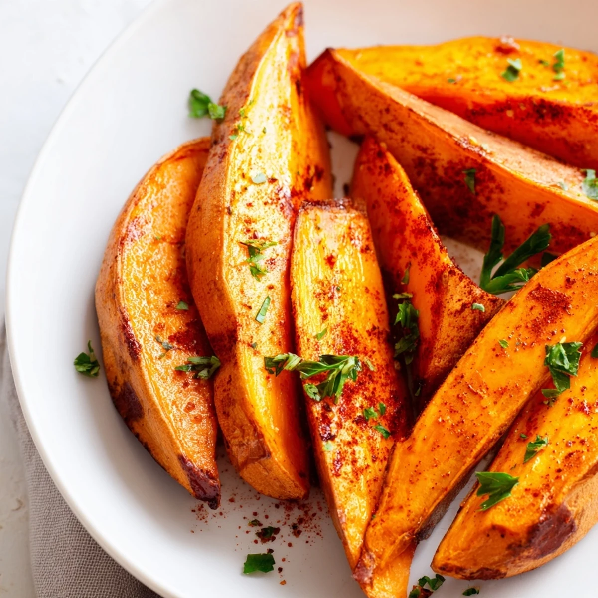 Freshly baked Roasted Sweet Potato Wedges with Paprika served with garlic aioli dip on a rustic table.