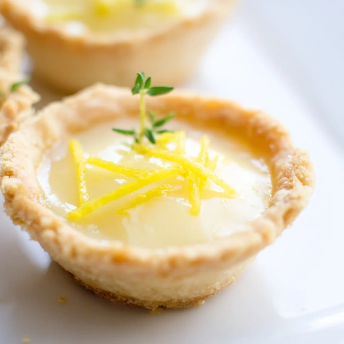 Golden Lemon Appetizer Tartlets rest on a wooden board, garnished with fresh thyme sprigs and bright lemon zest strips.