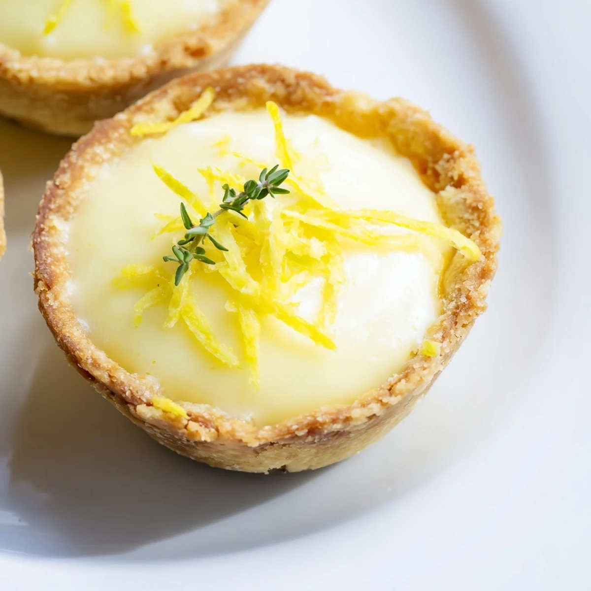 Eight small Lemon Appetizer Tarts sit on a white plate, perfect for an elegant party appetizer or a zesty starter.