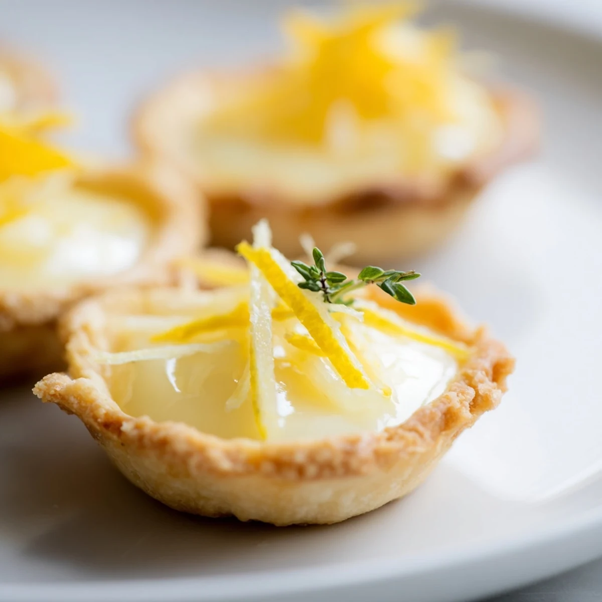 A close-up of a Lemon Appetizer Tart shows a creamy, tangy filling and a crisp, golden-buttery crust ready to serve.