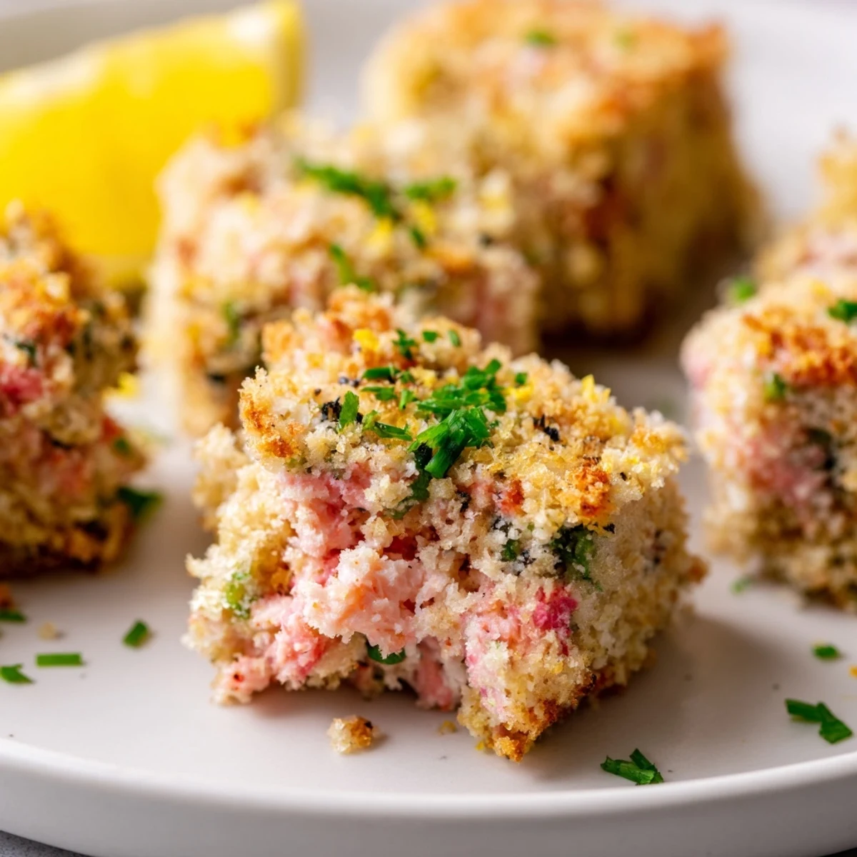 Golden-brown Baked Salmon Snack Bites fresh from the oven, showcasing a crisp panko coating and garnished with fresh dill and lemon wedges.