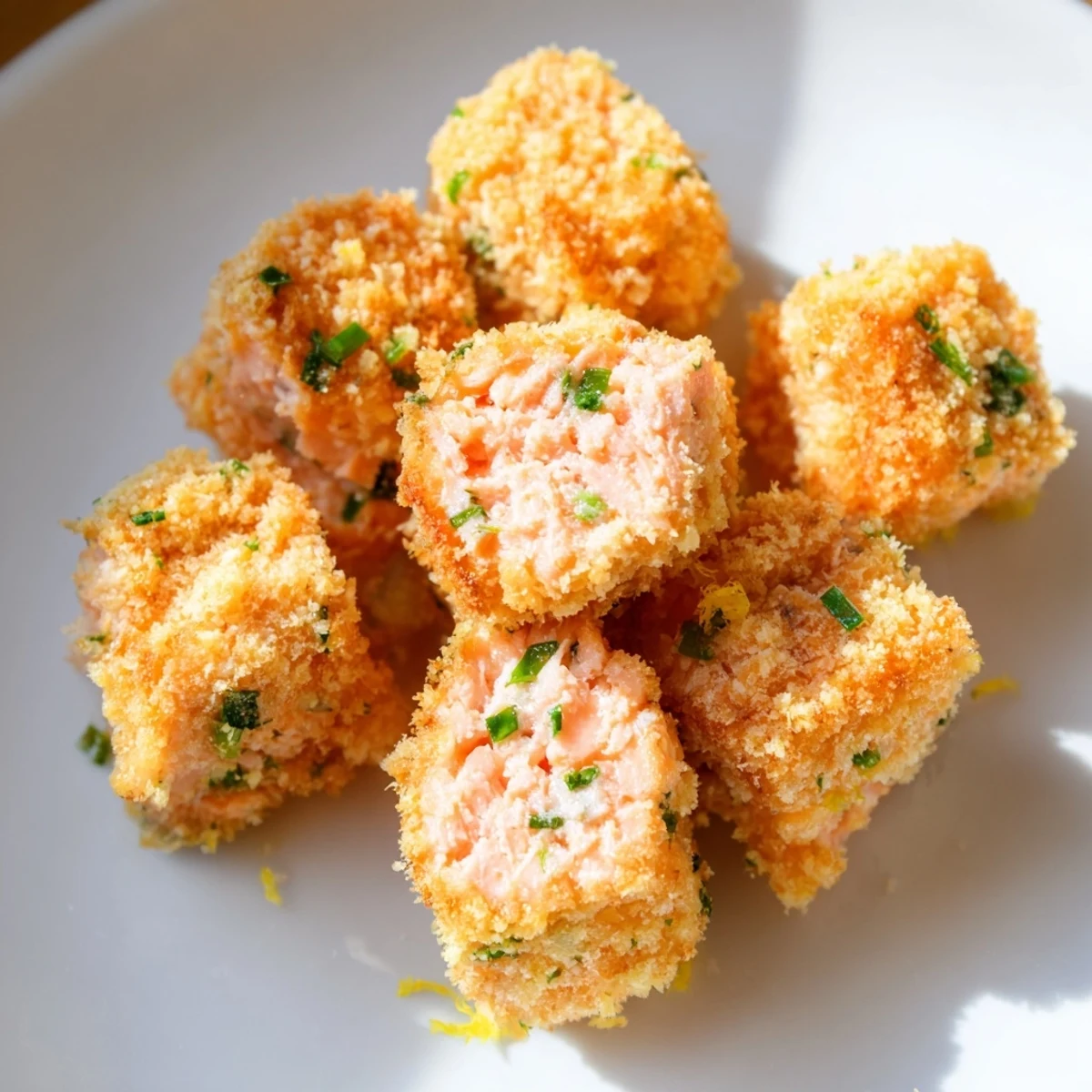 A close-up view of perfectly shaped Baked Salmon Snack Bites arranged on a platter, ideal for serving as a high-protein appetizer.