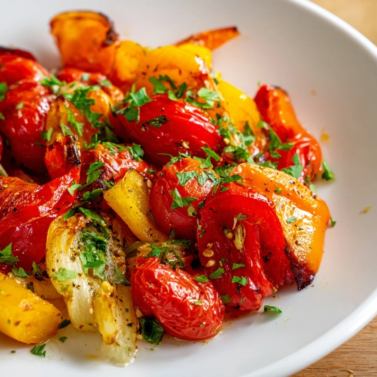 Colorful Roasted Appetizer Veggies on a baking sheet, garnished with fresh parsley and paired with a dipping sauce for snacking.