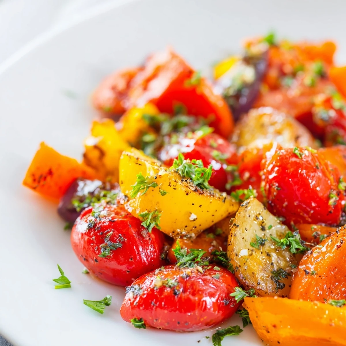 A vibrant platter of Roasted Appetizer Veggies, featuring caramelized red onions and blistered tomatoes, ready to serve warm at a party.