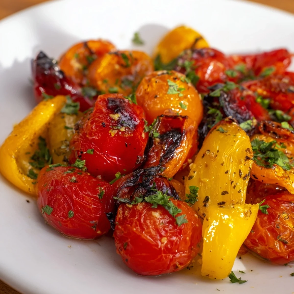 Fresh Roasted Appetizer Veggies mixed with herbs, roasted to tender perfection with golden edges, perfect for a vegan appetizer course.