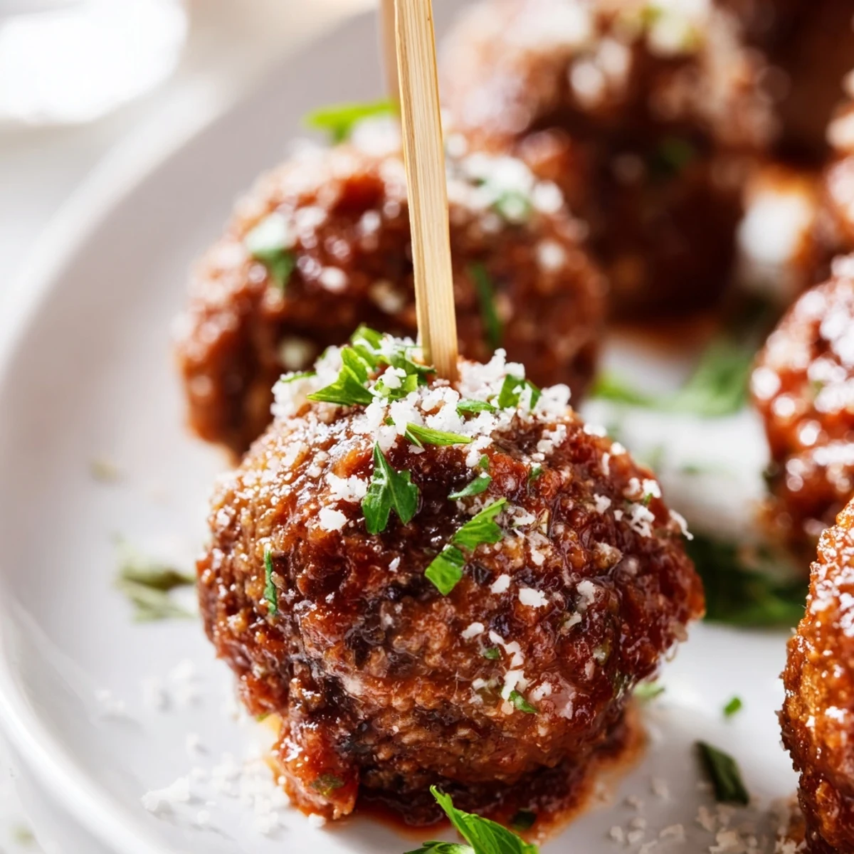 Golden brown beef appetizer meatballs coated in a rich, simmered tomato sauce garnished with fresh parsley.