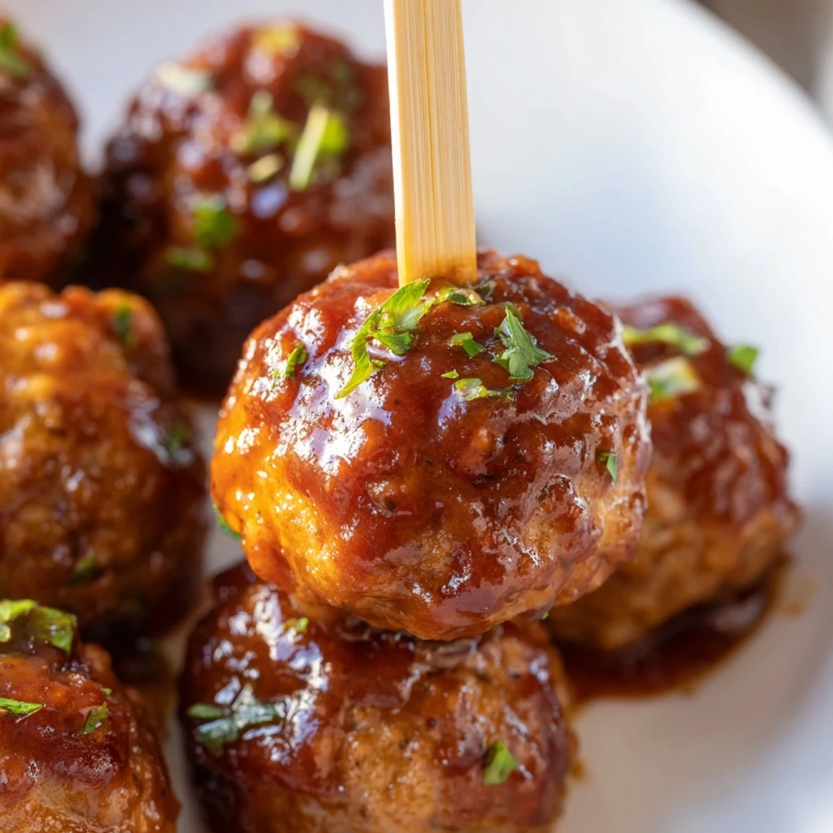 Twenty-four savory turkey appetizer meatballs garnished with parsley and served with picks.