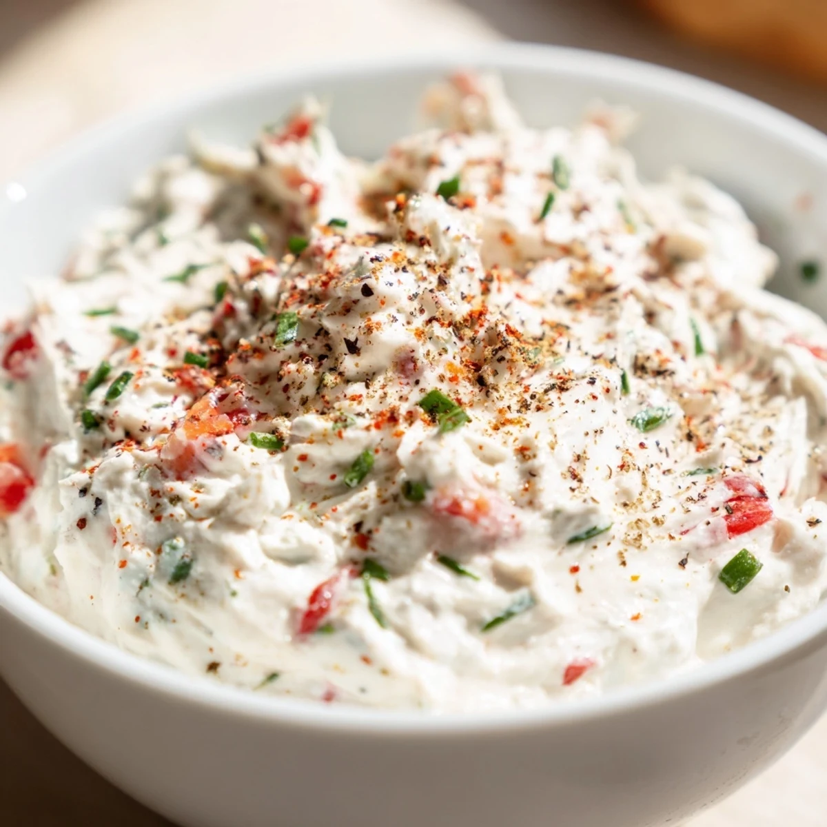 A smooth white bowl of Creamy Appetizer Dip topped with red bell pepper and parsley, surrounded by colorful fresh vegetables for dipping.