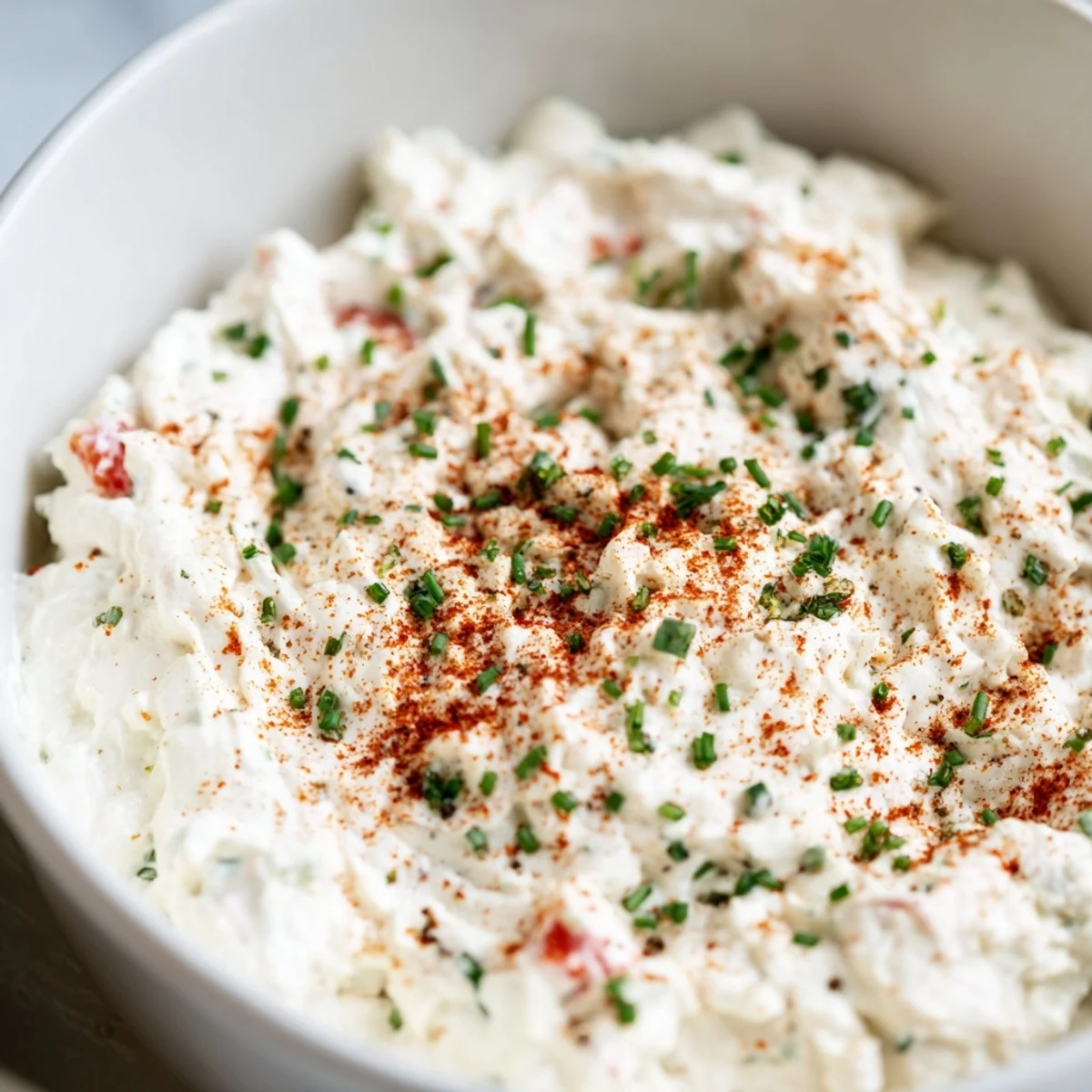 A close-up of the Creamy Appetizer Dip in a rustic bowl, garnished with fresh chives and paprika, with a celery stick dipping in.