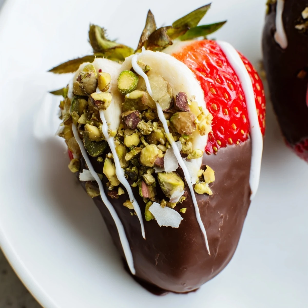 Freshly dipped strawberries, bananas, and kiwi slices coated in glossy dark chocolate on a cooling rack.