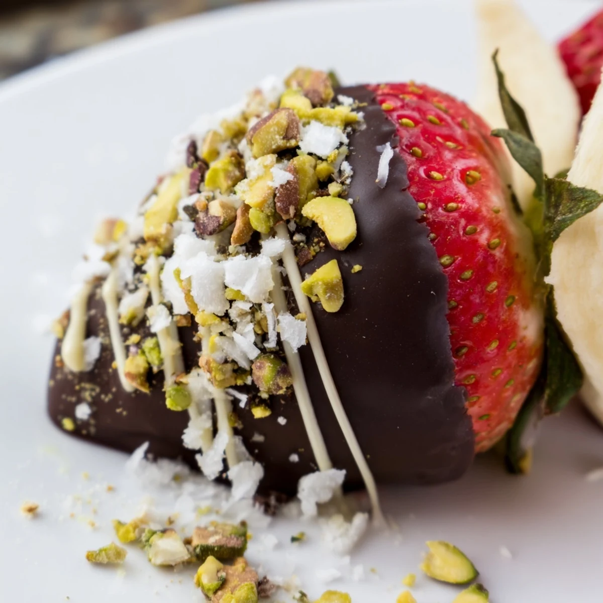 Chocolate-Dipped Fruit Appetizers garnished with crushed pistachios and white chocolate drizzle on a marble surface.