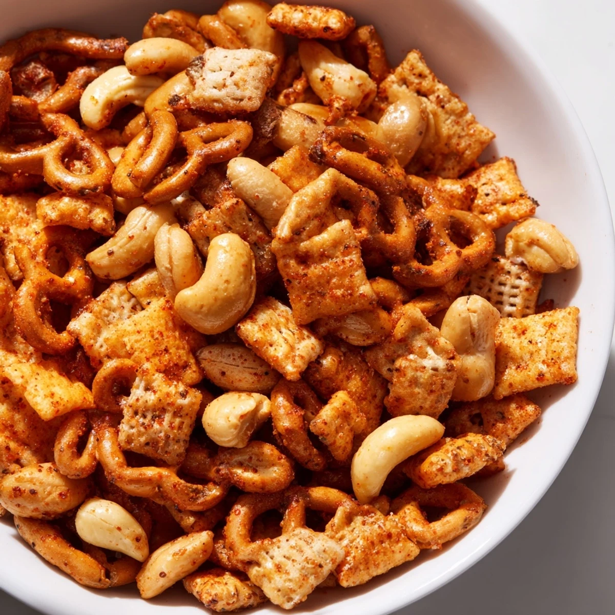 Golden-brown Spicy Snack Mix with pretzels, nuts, and seasoned cereal on a baking sheet.